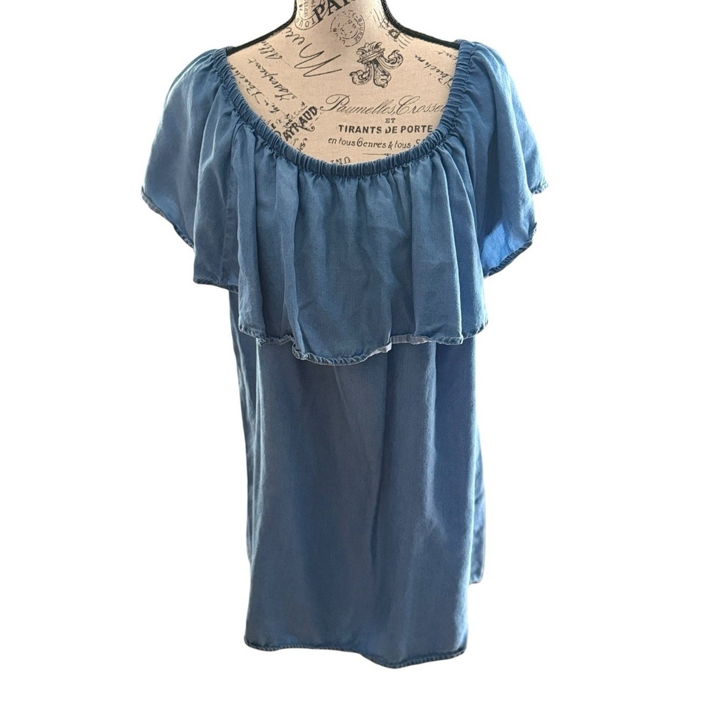 Style & Co Off The Shoulder Top XL Chambray Denim Blue Ruffle Lyocell Western